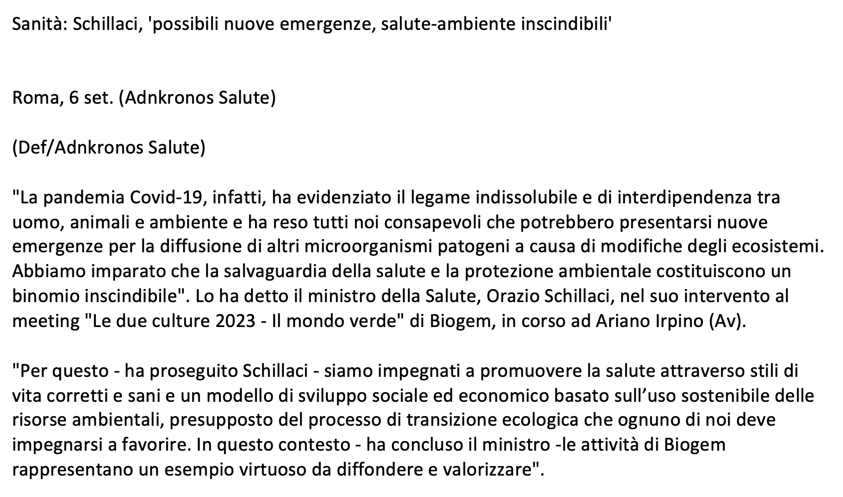 Schillaci, 'possibili nuove emergenze, salute-ambiente inscindibili'